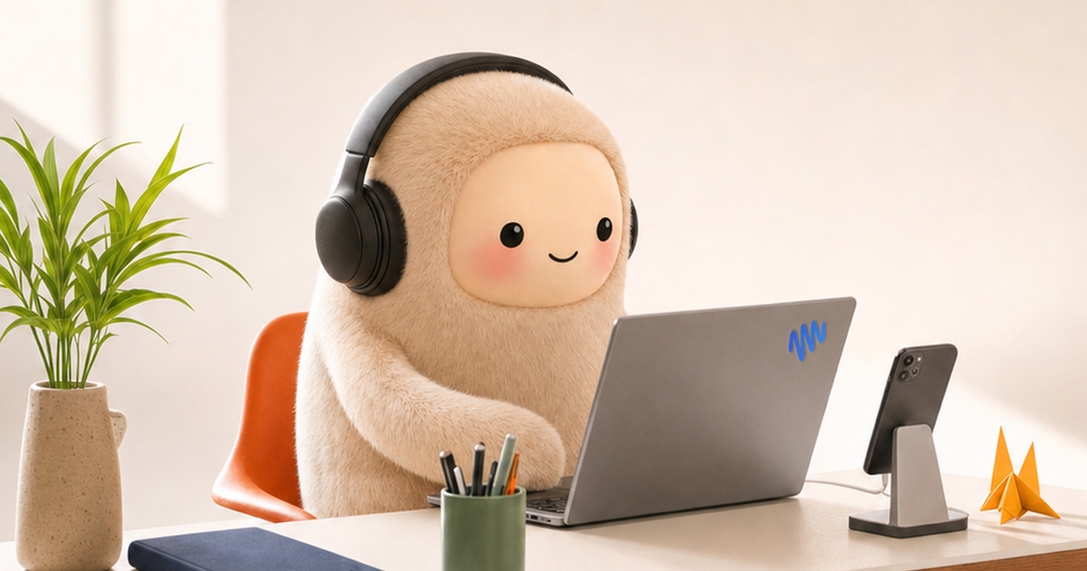 Muse, eine flauschige Figur mit Kopfhörern am Laptop