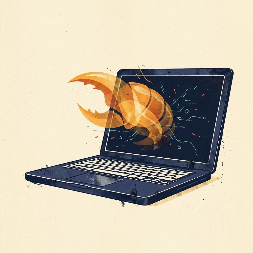 Redaktionelle Illustration eines Laptops mit abstraktem Agenten-Motiv